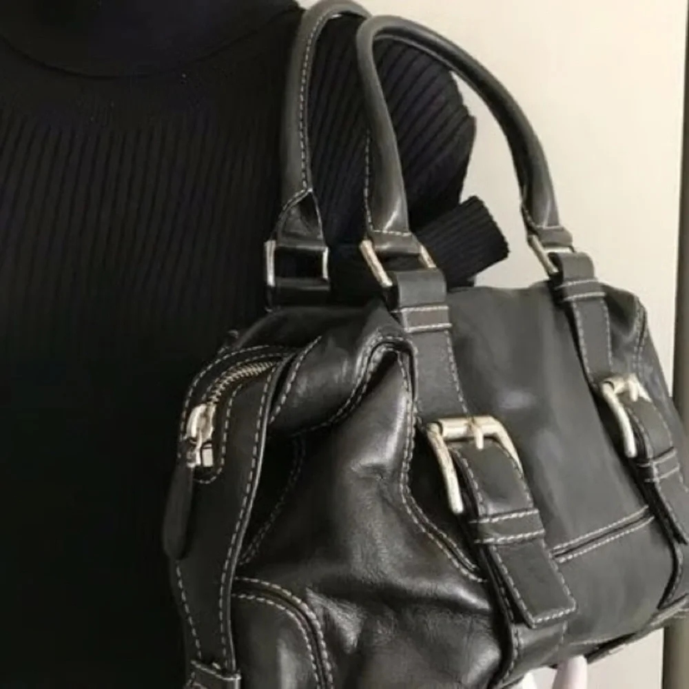 Y2K 90’s Michael Kors Satchel Black Leather Stitched Silver Distressed Bikercore